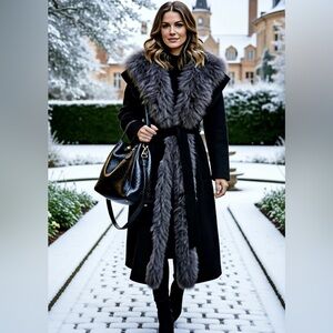 Elegant 100% Wool Coat with Real Fox Fur Trim